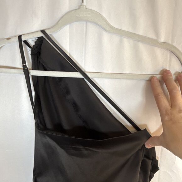 Women’s Unbranded One Shoulder Black Slip Dress Thigh High Slit Size Small - Picture 9 of 15